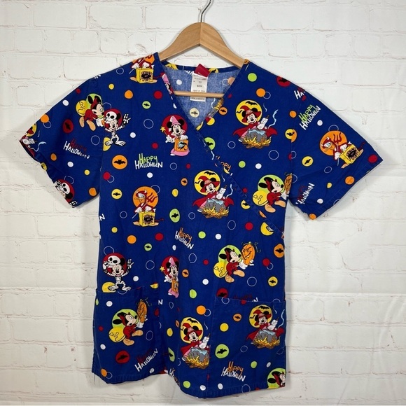 Disney Tops - Disney Halloween Mickey Mouse Minnie Scrub Top Women’s Small Blue V Neck